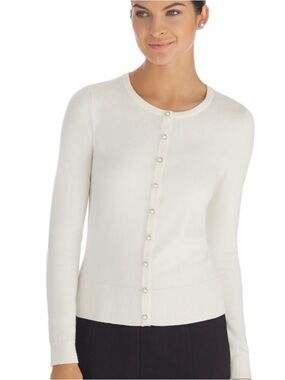 White House Black Market Long-Sleeves Pearl-Button Crewneck Cardigan Off-White